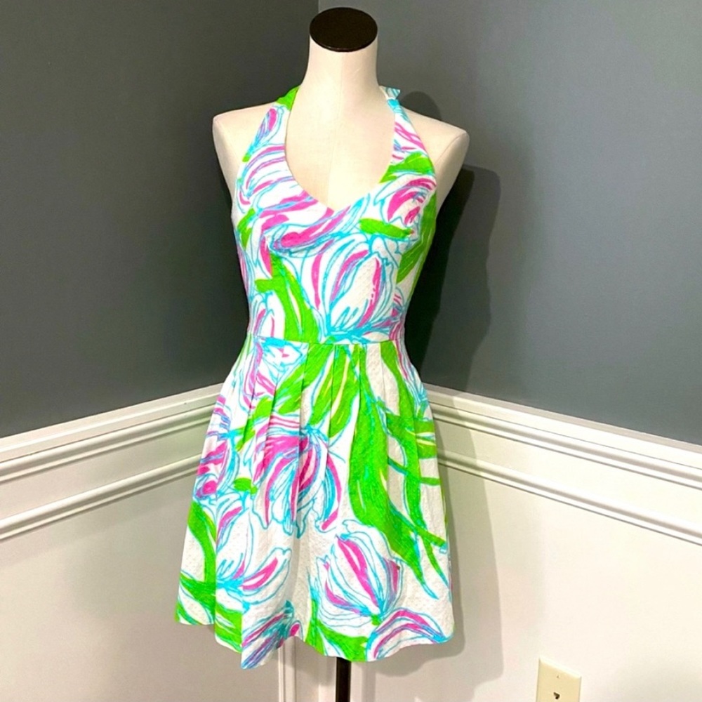 Lily Pulitzer white & green floral halter dress